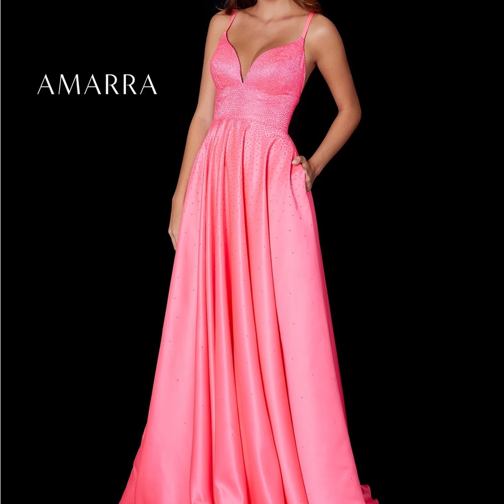 Amarra 87343 Size 4 Neon Pink Beaded Lace Up Ball Gown V Neck